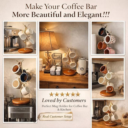 Mi hogar Leaf-Shaped Mug Tree Stand for Kitchen Counter, Modern Tabletop Organizer Holds 4 Mugs with Stable Round Base, Decorative Storage Rack for Coffee & Tea Cups