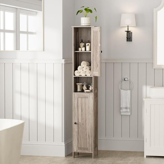 Homleke Tall Bathroom Storage Cabinet with 2 Doors, 67"H Narrow Storage Cabinet with Adjustable Shelves& Anti-Tip Design, Reversible Door Installation, Easy Assembly, 11.8 x 11.8 x 66.9 Inches, Greige