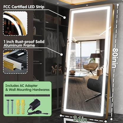 FENNIO Full Length Mirror with Lights, 80" x 36" LED Full Body Mirror, Wall Mounted Hanging Mirror with Lights for Bedroom, Salon, Dimmable & 3 Color Lighting, Tempered Glass