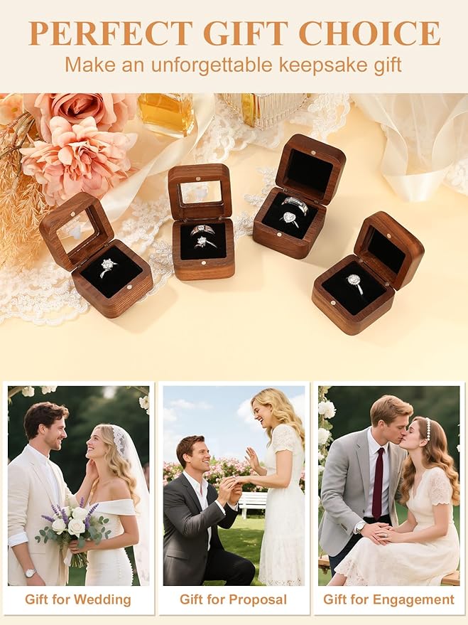 Custom4U Wooden Ring Box 2 Slots with Photo Personalized Vintage Square Wedding Holder for Proposal Custom Ring Bearer for Ceremony Jewelry Gift