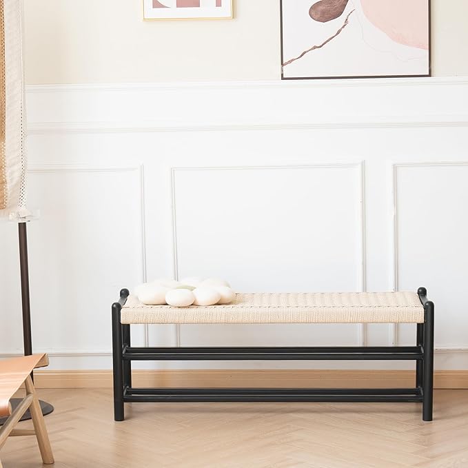 Solid Wood Entryway Bench with Shoe Storage, Rustic Oak Wood and Woven Design 45 Inch Long Seating for Living and Dining Rooms, 3-Tier Black