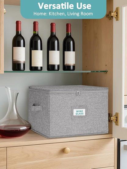 Cirhy Wine Glass Storage Box Hard Shell, 10'' Tall Stemware Storage Containers for Moving, Holds 24 Crystal Glasses & Flutes, Stackable Glassware Chest with Dividers, Grey (2-Pack)