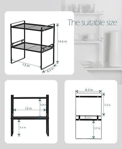 Shantton 2 Pack Kitchen Cabinet Shelf Counter Organizer Rack Pantry Storage Bathroom Bedroom Office Table Desk Space Saving Steel Frame Stackable Rust Resistant Non Slip Black