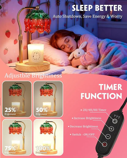 Funistree Flower Candle Warmer Lamp with Timer, Dimmable Candle Lamp Warmer, Christmas Birthday Gifts for Women Mom Her, Housewarming Home Decor, Lotus Wax Warmer for Yankee Candles - Strawb Flower