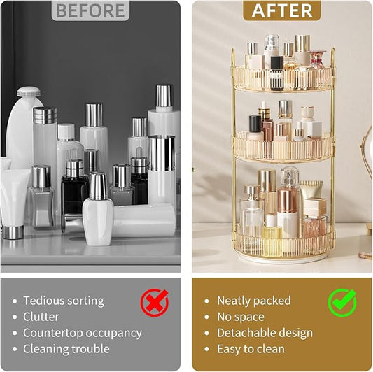 360° Rotating Makeup Organizer, Large Capacity Skincare Organizer, 3 Tier Cosmetic Skin Care Perfume Dresser Organizer, Fits Cosmetics, Perfume, Skin Care, Lipstick