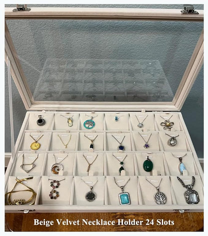 Jewelry Box Necklace Organizer Tray (Beige) Necklace Display Case for Storage Jewelry Necklaces Display Stand 24 Slot Pendant Holder for Women