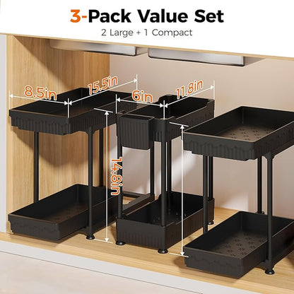 Sevenblue 3 Pack Under Sink Organizer, 2 Tier Pull Out Bathroom Cabinet Organizer, Multi-Purpose Storage Shelf for Kitchen (2-Tier Sliding, 14.8 Inch)