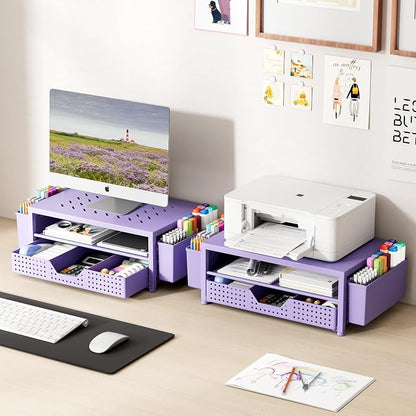 OPNICE Laptop Stand for Desk Organizer, Computer Monitor Stand Riser with Drawer and 2 Pen Holders, Ventilated Perforated Steel Top, Office Desk Accessories for Home Office Supplies, Purple