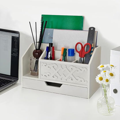 White Wooden Mail Organizer with Drawer, Three Tiered Desk Accessories for Office Organization and Storage, Stylish Countertop Document Storage, Home/Office/Classroom Supplies (White03)