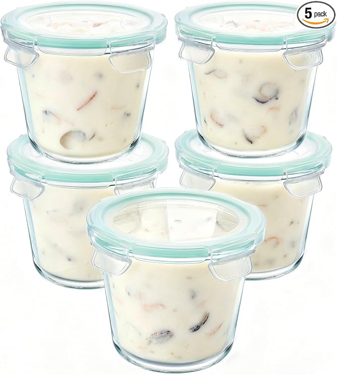Vtopmart 5Pack 24oz Glass Storage Containers with Lids, Glass Meal Prep Food Container Sets with Snap Airtight Lid for Microwave, Oven, Freezer and Dishwasher, Green, Round