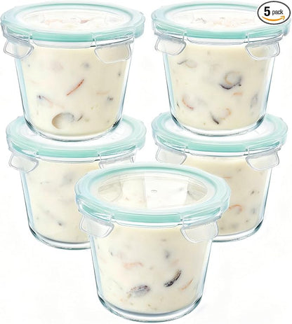 Vtopmart 5Pack 24oz Glass Storage Containers with Lids, Glass Meal Prep Food Container Sets with Snap Airtight Lid for Microwave, Oven, Freezer and Dishwasher, Green, Round