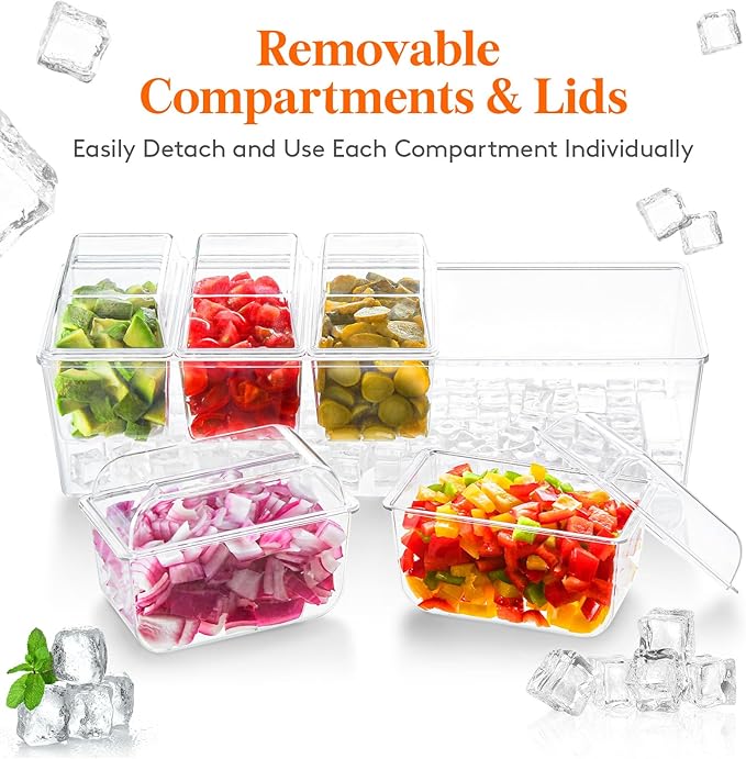 Lifewit 4 Pcs Ice Chilled Condiment Caddy with 5x 20 oz Containers, Condiment Server with Separate Lid, Serving Tray Platter with Removable Dishes for Bar, Fruit, Salad, Taco, Party Garnish