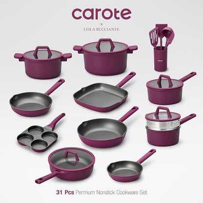 CAROTE 31PCS Pots and Pans Set, Nonstick Cookware Set Kitchen Non Stick Induction Cookware Non-toxic Granite Cooking set, PFOA Free