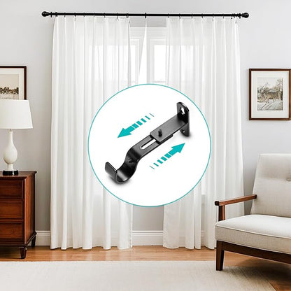Adjustable Curtain Rod Brackets, Metal Window Drapery Rod Hanger Holders Hooks for 1 inch Rods (Black, Set of 2)