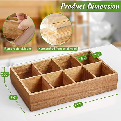 DRASTAR Acacia Wooden Tea Bag Organizer with 8 Slots, Sugar Packet Holder and Tea Bag Caddy Box for Countertop