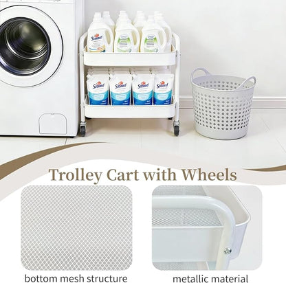 2 Pack Two Tier Rolling Cart with Wheels Small Pantry Floor Organizer Under Desk Storage Metal Short Utility Cart for Small Space, Kitchen Shelf Laundry Room Bathroom Organization, White