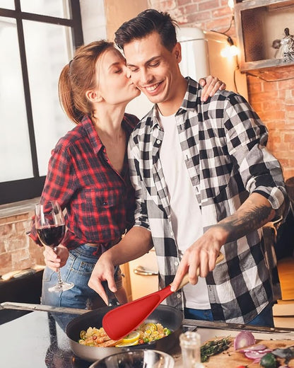 Cooking Spoon for Nonstick Cookwares, Great for Cooking and Serving Sturdy BPA-Free Matte Silicone, Wood Handle Spoon for Mixing, Scoop, and Scrape (RED, 13.4 inch)
