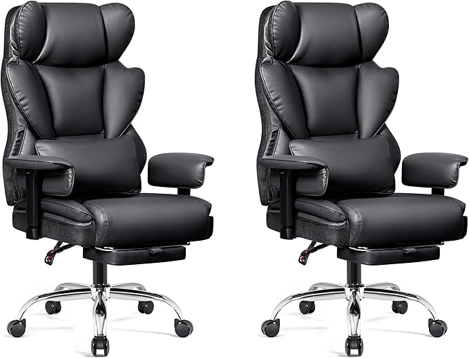 Big and Tall Office Chair - Heavy Duty 400 LBS Executive Chair with Foot Rest, High Back Ergonomic Desk Chair, Padded Wide Seat Gaming Chair, Adjustable Armrests, Black 2 Pack