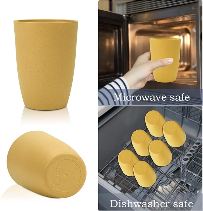 Wrova Wheat Straw Cups 6 PCS Good Alternative to Plastic Reusable Cups 20 oz Unbreakable Drinking Cup Reusable Dishwasher Safe Water Plastic Glasses Yellow Color