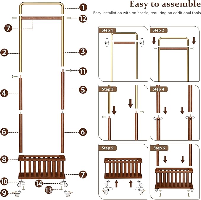 Clothes Rack Solid Wood Coat Rack, Metal and Solid Wood Combination Clothing Rack with Wheels for Entryway, Bedroom, Living Room, Coat Racks Freestanding for Hanging Clothes Garment Scarf