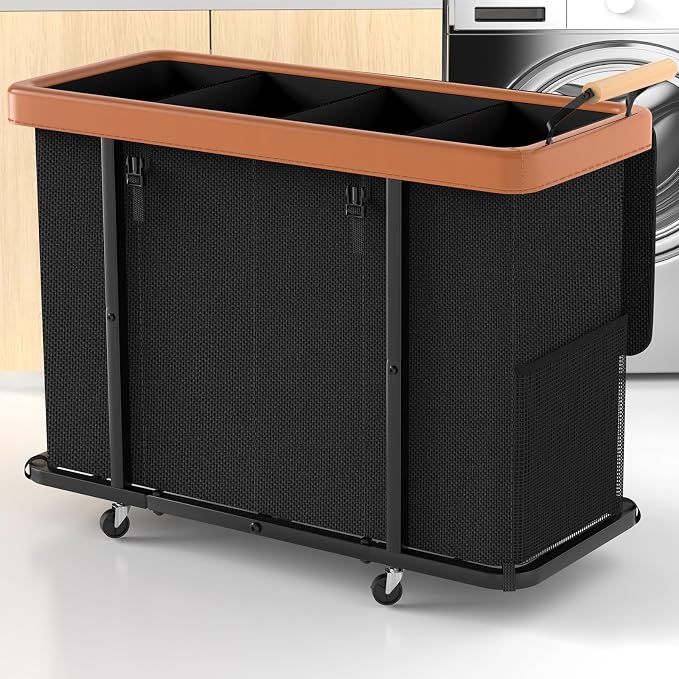 300L (70 Gal) Extra Large Fashion Laundry Sorter 4 Section with Lid, Rolling Basket Hamper with Handle, Organizer Storage Cart with Sturdy Metal Frame for Laundry Room (Black-4 Section, 300L)