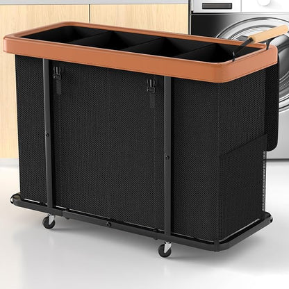300L (70 Gal) Extra Large Fashion Laundry Sorter 4 Section with Lid, Rolling Basket Hamper with Handle, Organizer Storage Cart with Sturdy Metal Frame for Laundry Room (Black-4 Section, 300L)