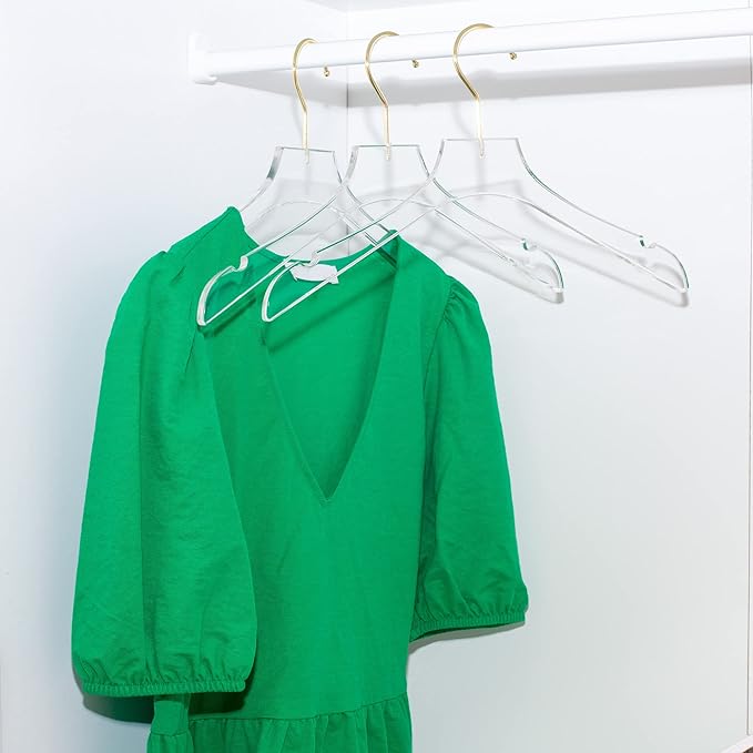 HomeCube USA Clear Acrylic Clothes Hanger with Gold Hooks – Heavy Duty Lucite Closet Organizer, Elegant & Sturdy for Shirts, Dresses, Coats, Suits & Boutique Use (20, Medium 15")