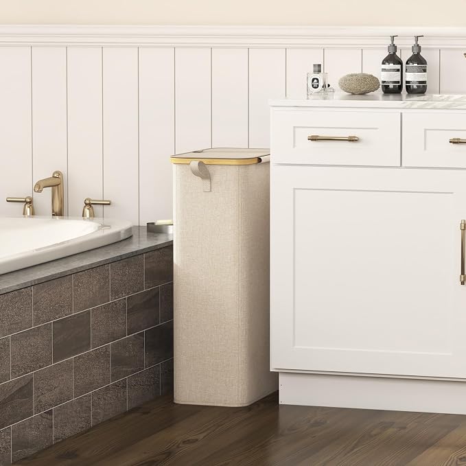 Lifewit 75L Slim Laundry Hamper with Lid, Narrow Laundry Basket with Removable Bag & Bamboo Handles, Fodable Thin Dirty Clothes Hamper for Laundry Collapsible Bin for Bathroom Bedroom Dorm, Beige