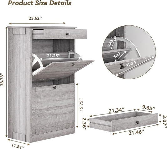 FTZxHKLX Shoe Storage Cabinet with 2 Flip Drawers, Narrow Freestanding Hidden Shoe Rack Cabinet, Pet-Proof Shoe Organizer for Closet, Entryway, Hallway, Wash Grey