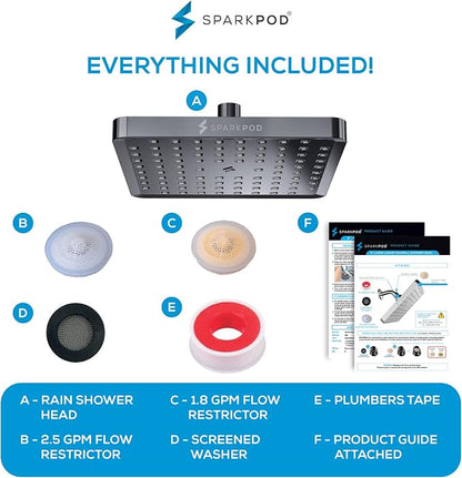 SparkPod Rain Shower Head, 8 Inch Square | High Pressure Shower Heads, 90 Nozzle (Touch-to-Clean), Adjustable Showerhead, No-tool Universal Connection