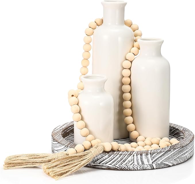 5 Pcs Rustic Country Tabletop Centerpieces Decor Set of 3 Boho Ceramic Vases with Wooden Serving Tray Wood Bead Garland Tassels Table Holder for Home Decorations(Gray)