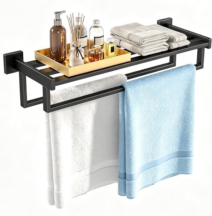 Towel Racks for Bathroom Wall Mounted, 24 Inch Double Towel Bar, Dual Towel Rack with Shelf, Stainless Steel Hand Towel Hanger, Bath Towel Holder for Wall, Black