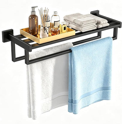 Towel Racks for Bathroom Wall Mounted, 24 Inch Double Towel Bar, Dual Towel Rack with Shelf, Stainless Steel Hand Towel Hanger, Bath Towel Holder for Wall, Black
