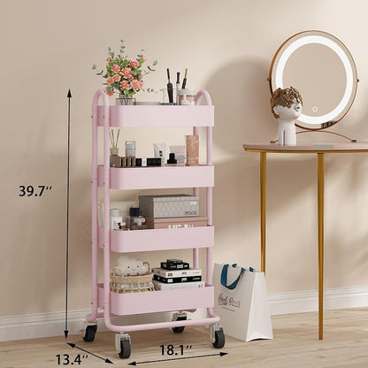 4 Tier Metal Rolling Cart Pink Utility Cart with Wheels,Rolling Pink Cart for Office,Home,Kitchen,Garden（13.4"x18.1"x40"）