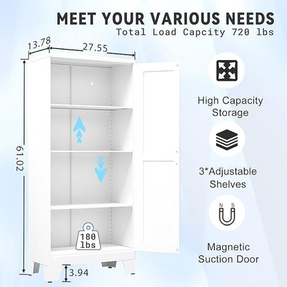 GAIOUS 61.02" Pantry Cabinet, Kitchen Pantry Storage Cabinets with Adjustable Shelves and Feet, White Pantry Storage Cabinet for Kitchen, Dining Room, Living Room and Bathroom (White) Metal