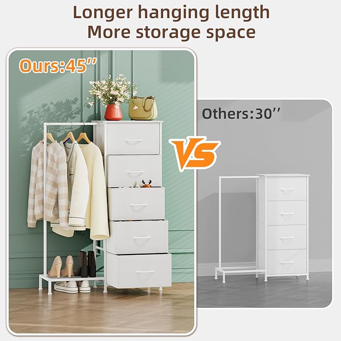 Somdot Dresser with Hanging Rack,5 Drawers Small Closet for Bedroom,Reversible Dresser with Clothes Rack,Kids Dressers for Bedroom Chest of Drawers,Tall Storage Tower,White Leather