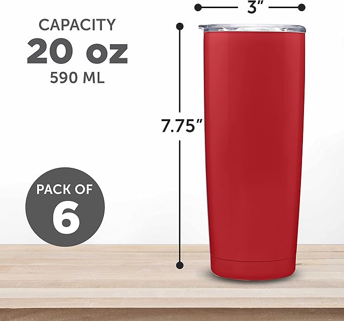 DISCOUNT PROMOS Pipette Stainless Steel Coffee Tumblers 20 oz. Set of 6, Bulk Pack - Double Wall, Perfect for Coffee, Hot Cocoa, Other Hot & Cold Beverages - Red