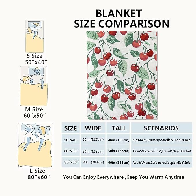Cherry Blanket Fresh Red Fruit Throw Blankets with Green Leaves,Birthday Gifts for Kids Adult Women,Lightweight Soft Fleece,for Sofa Couch Bed Room Farmhouse Summer Decor 40x50in