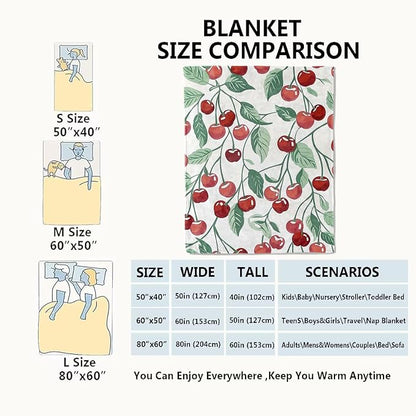 Cherry Blanket Fresh Red Fruit Throw Blankets with Green Leaves,Birthday Gifts for Kids Adult Women,Lightweight Soft Fleece,for Sofa Couch Bed Room Farmhouse Summer Decor 50x60in