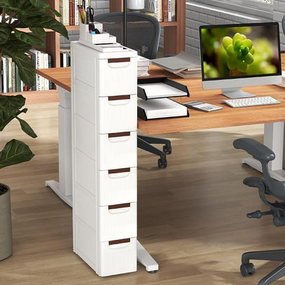 LOKO 6-Drawer Narrow Storage Cabinet, Slim Rolling Cart, Mobile Plastic Cart Container with Pull Handles, Built-in Wheels, for Living Room, Kitchen, Bathroom, Office (7.5"x16.5"x43" (6 Drawer))