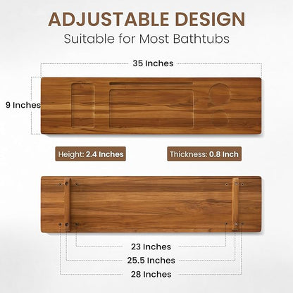 Teak Bathtub Tray - Wood Bath Caddy Tray 35" for Large Tubs - Adjustable Bathtub Table Trays - Luxury Shower Organizer for Home Spa Relaxation and Reading - Light Walnut Color