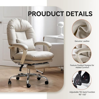 EMIAH Office Chair with Foot Rest Criss Cross Chair with Wheels Ergonomic Reclining Executive Office Chair Mid Back Genuine Leather Swivel Computer Chairs Lumbar Support for Home Office (Beige)