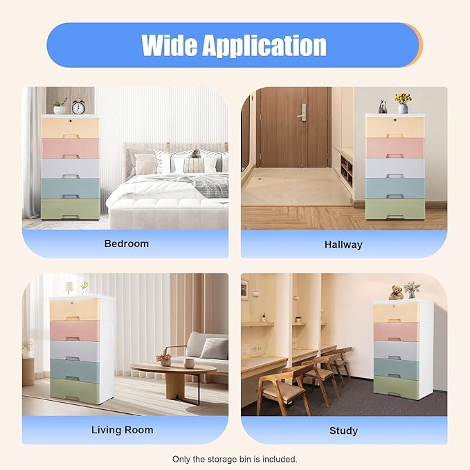Plastic Dresser for Bedroom with 5 Drawers,Stackable Vertical Storage Tower, Small Dresser Chest of Drawers, Mobile Drawer Storage Cabinet with Wheels for Hallway Entryway,Bedroom Furniture (Macaron)