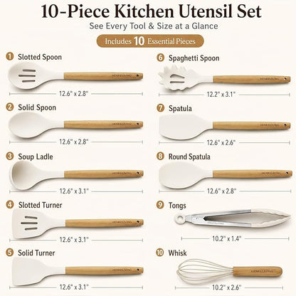 Silicone 10 Pcs Kitchen Cooking Utensils Set, Recycled Materials Certification, BPA Free Spatula Set with Heat Resistant Wood Handles for Nonstick Cookware, Cream White
