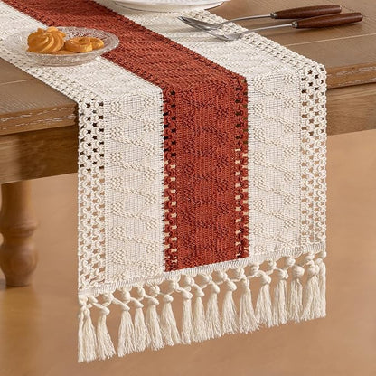 Socomi Boho Table Runner Macrame Valentine's Day Farmhouse Woven Cotton Linen Rustic Table Runner with Tassels for Dresser Scarf Home Decor Dining Room 12x90 inch Terracotta Ivory