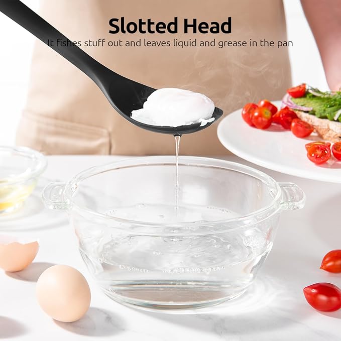 600ºF Heat Resistant Slotted Spoon: U-Taste 13.3in Solid Kitchen Cooking Spoon, Nonstick Food Grade Large & Long Rubber Utensil for Mixing, Serving, Stirring, Basting, Frying, Draining (Black)