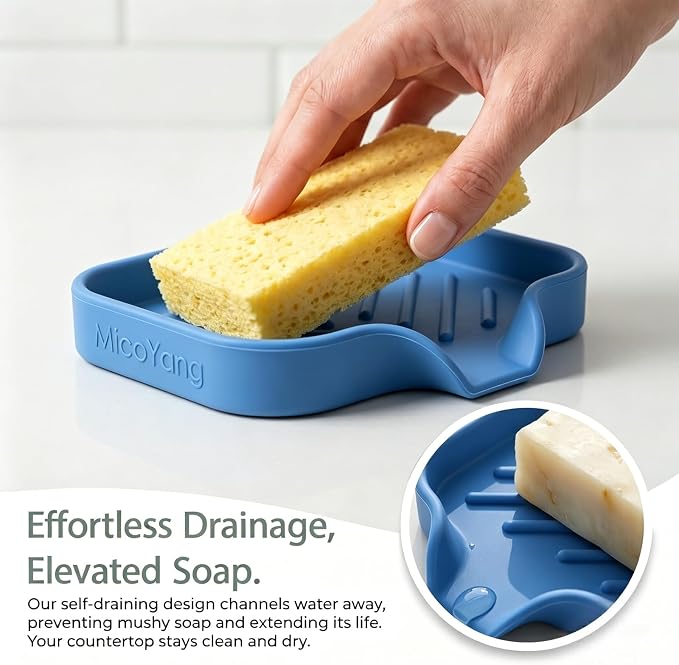 MicoYang Silicone Soap Dish with Drain Spout, Self-Draining Sink Organizer Tray for Bathroom & Kitchen, Sponges, Dispensers & Soap Holder, Non-Slip & Dishwasher Safe, Lichen Blue (Compact, 4.9"×3.2")