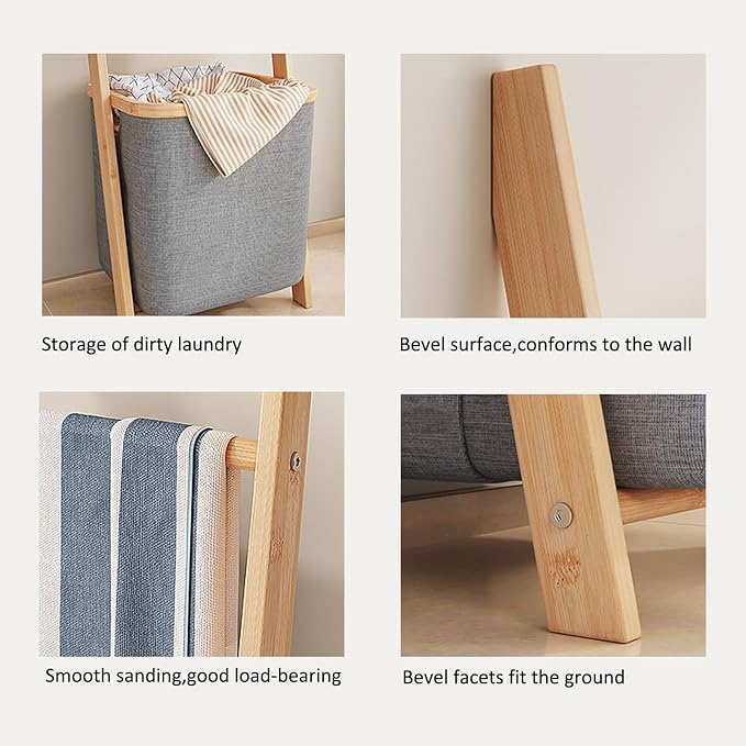 Blanket Ladder with Basket, Bamboo Towel Rack with Storage Hamper Basket, Wall Leaning Decorative Ladder Shelf, Drying Display Blanket Holder Rack for Bathroom Living Room (Grey)