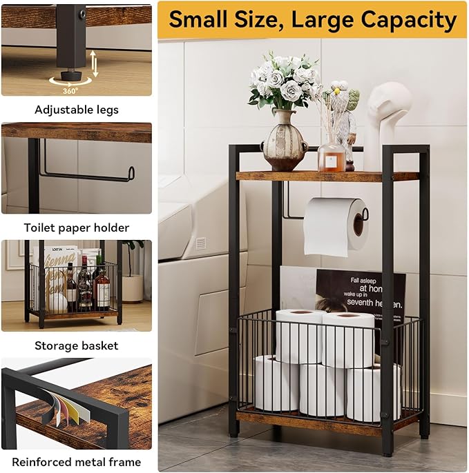 IBUYKE Freestanding Toilet Paper Holder Stand with Storage Shelf,Bathroom Toilet Tissue Roll Dispenser with Extra Space for Rolls, Magazines, Wet Wipes Brown TLJ020H