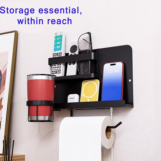 Bedside Shelf for Bed, Metal Floating Nightstand Wall Organizer, No Drill Dorm Room Essentials, Heavy Duty Caddy with Cup Holder & Charging Station for Bunk Bed, Loft, Remote - Matte Black